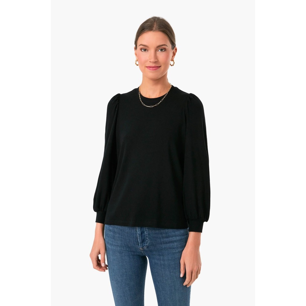 Marine Layer Lexi Rib Black Tencel Puff Sleeve Crew Neck Top Small Tuckernuck